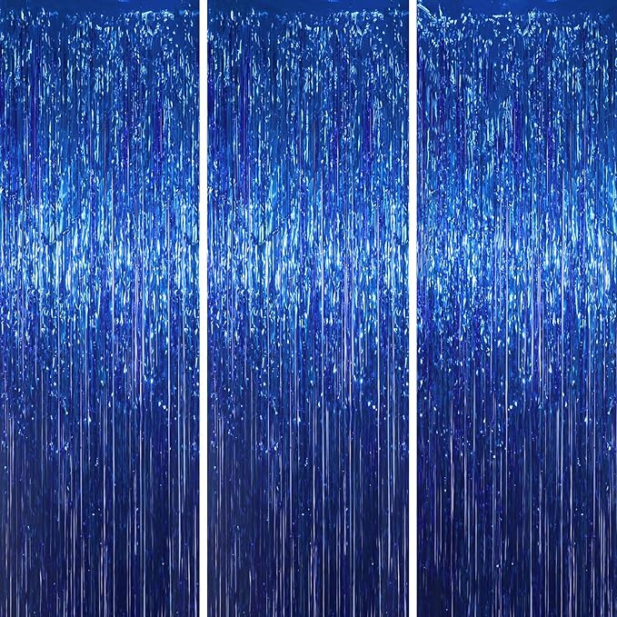 3 Pack 3.3x8.2 Feet Blue Foil Fringe Backdrop Curtains, Tinsel Streamers Birthday Party Decorations, Fringe Backdrop for Graduation, Baby Shower, Gender Reveal, Disco Party