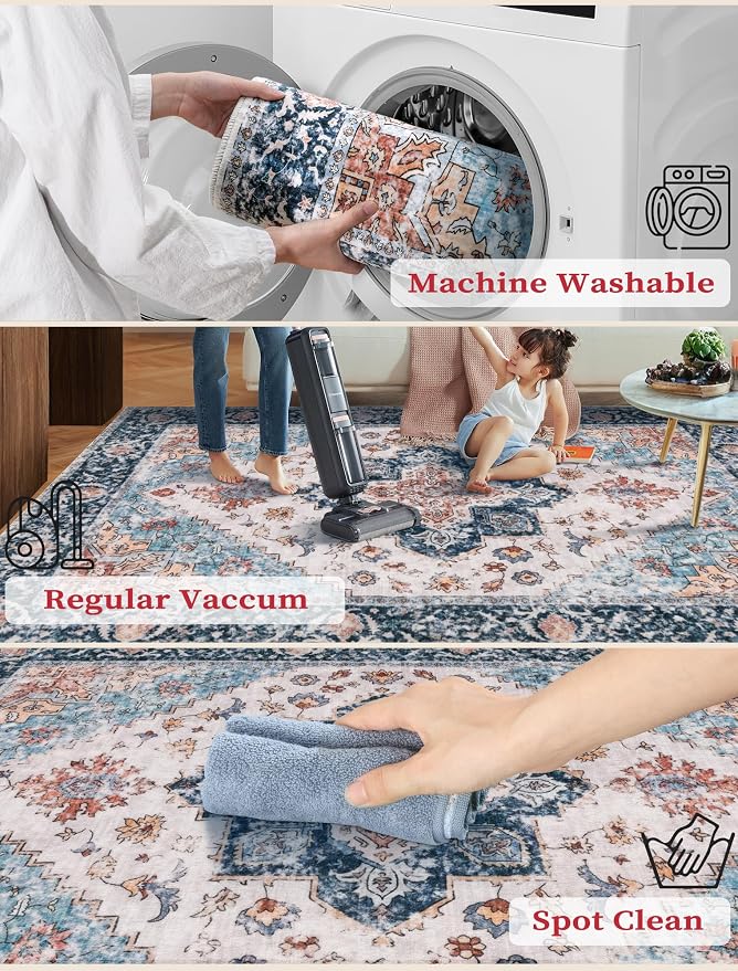 SERISSA Boho Washable Runner Rug, 2x5 Rug Non-Slip Vintage Blue Orange Hallway