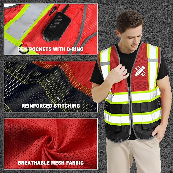 Custom Mesh Safety Vest Customized Logo Class2 High Visibility Reflective Vest with Pockets Construction workwear（Red Black，4XL ）