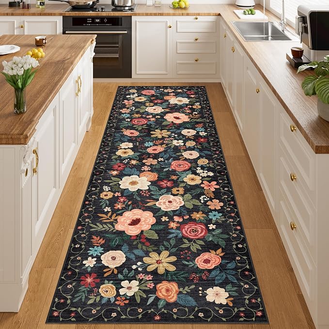 DUKINO 3x10 Runner Rug for Hallway, Washable Kitchen Floral Runner Rug