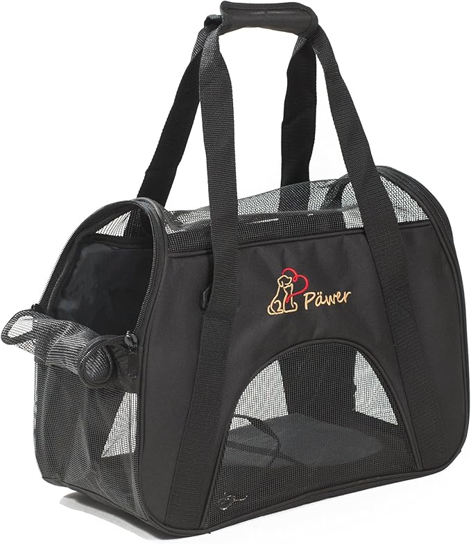 Pawer Soft-Sided Pet Carrier for Cat and Small Dog,Black Color,Medium Size,Washable 600D Oxford Cloth Airline Approved Travel Tote,with 2 Mesh Opens and a Strap for Carry,Multiple Colors Available