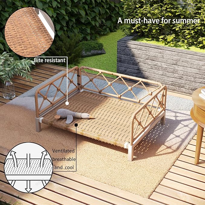 Elevated Waterproof Dog Beds for Large Dogs with Egg Crate Foam Support Pet Bed, Outdoor Dog Sofa Bed PE Wicker Orthopedic Pet Couch Bed with Washable Removable Cushion