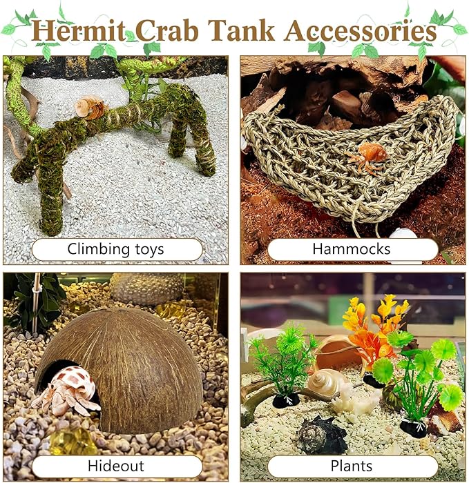 6 PCS Hermit Crab Accessories Set Small Bendable Moss Hermit Crab Climbing Toys Coconut Shell Hut Climbing Hammock with Suction Cup Plastic Plants for Reptile Amphibian