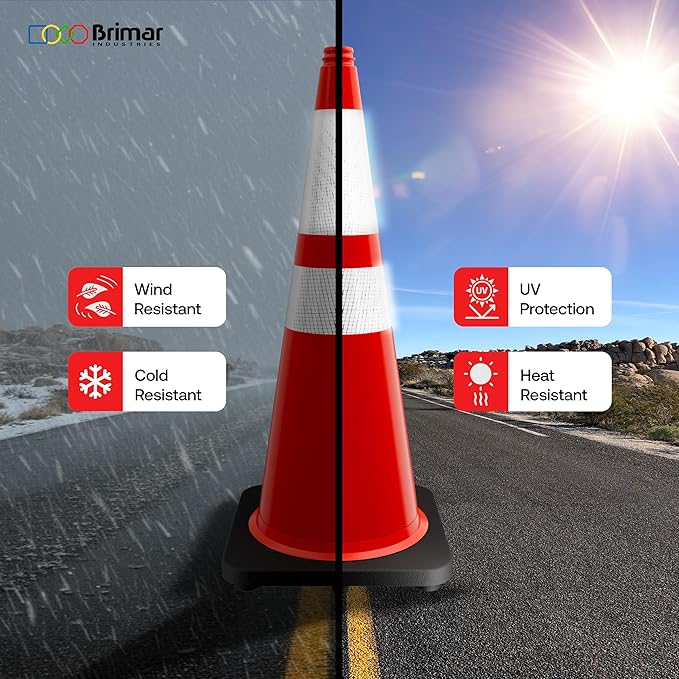 Brimar 28 Inch Traffic Cones, 12 Pack, Orange PVC Safety Cones with Black Base for Construction, Road Parking, MUTCD Approved Traffic Cones with 3M Reflective Bands, Structurally Stable Wearproof