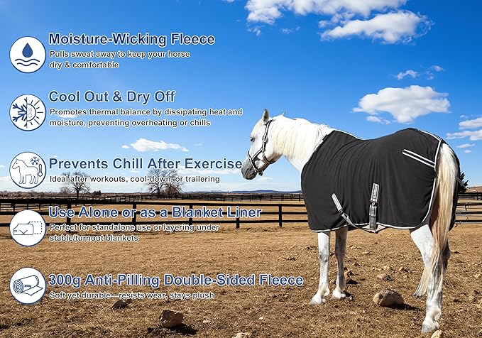 Horse Fleece Cooler, Blanket Liner - 300g Anti-Pilling Fleece, Moisture-Wicking, Cooling & Drying for Post-Workout, Bath & Travel, Prevent Overheating & Chilling Black 78