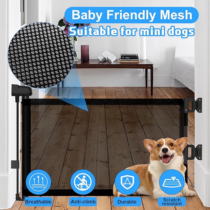 14" H Short Dog Gate Pet Gates Puppy Gate 59" Wide Step Over Pet Fence, Mesh Retractable Indoor Outdoor Expands Up to 59 Inches Small Dog Gates for Doorways Stairs