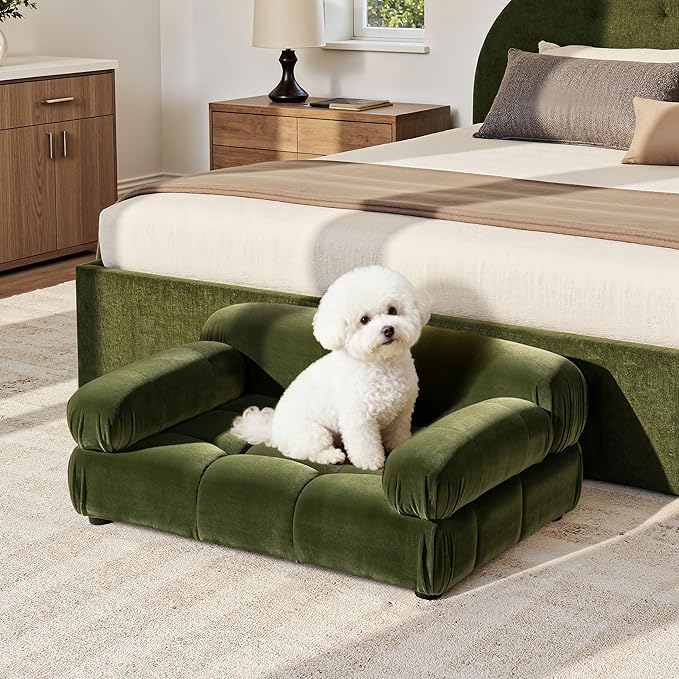 Marcel Upholstered Modern Pet Bed for Small & Medium Dogs and Cats, Sofa-Style Dog Bed with Bolstered Arms, Tufted Cushion, Water & Stain Resistant Velvet (Olive Green)