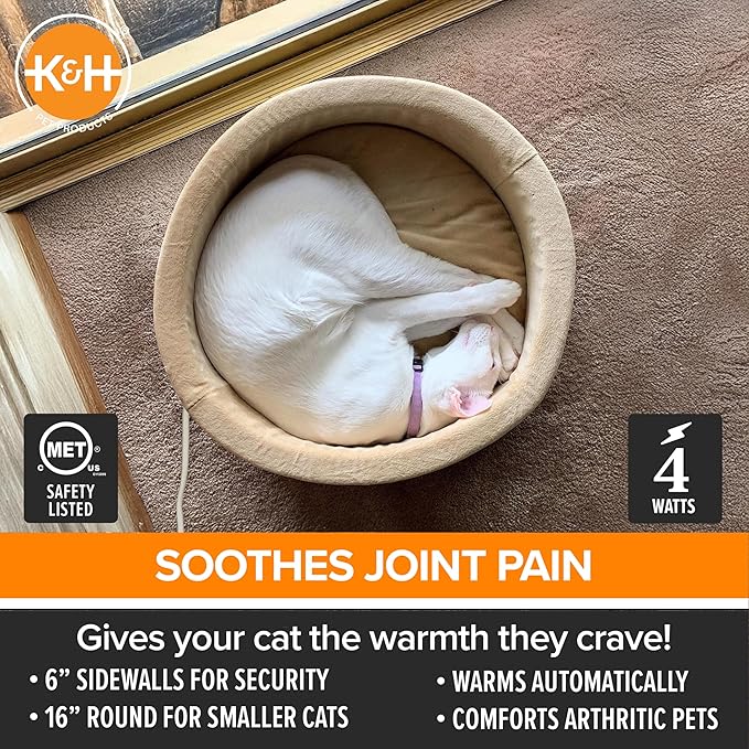 K&H Pet Products Heated Cat Bed for Indoor Cats, Dogs, and Pets - Round Walled Thermo-Kitty Bed with Removable Waterproof Cat Heating Pad, Machine Washable, MET Safety Listed - Small 16" Sage