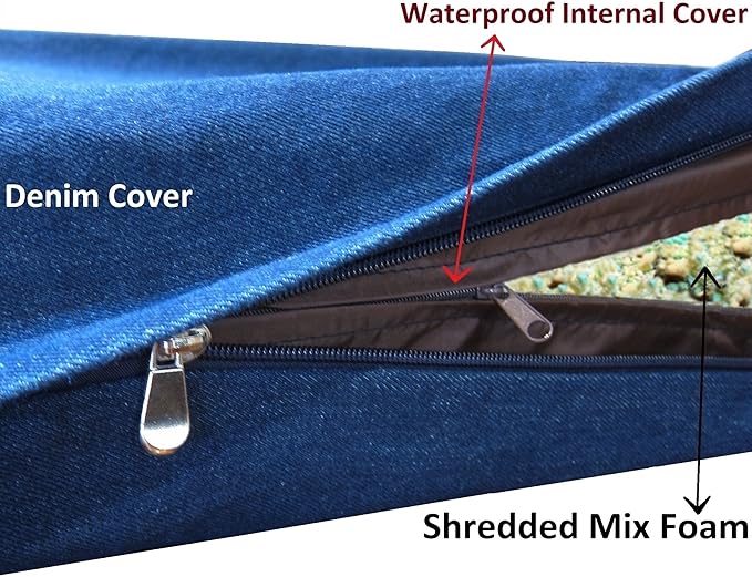 Dogbed4less Shredded Memory Foam Dog Bed Pillow, Waterproof Lining and Machine Washable Durable Denim Cover 40X35 Inches, Blue