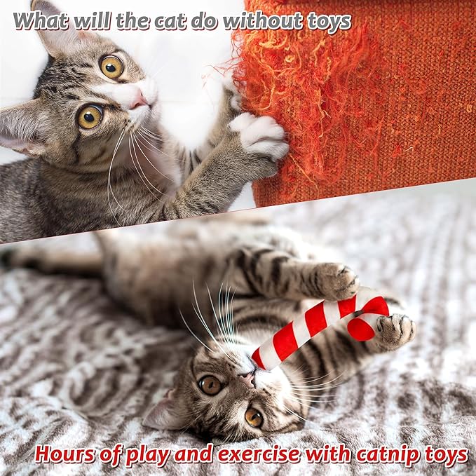 MALLMALL6 2Pcs Interactive Christmas Cat Candy Cane Catnip Toys Gift for Cats, Indoor Kick Plush Catmeth Pet Toy Supplies for Cat Lovers