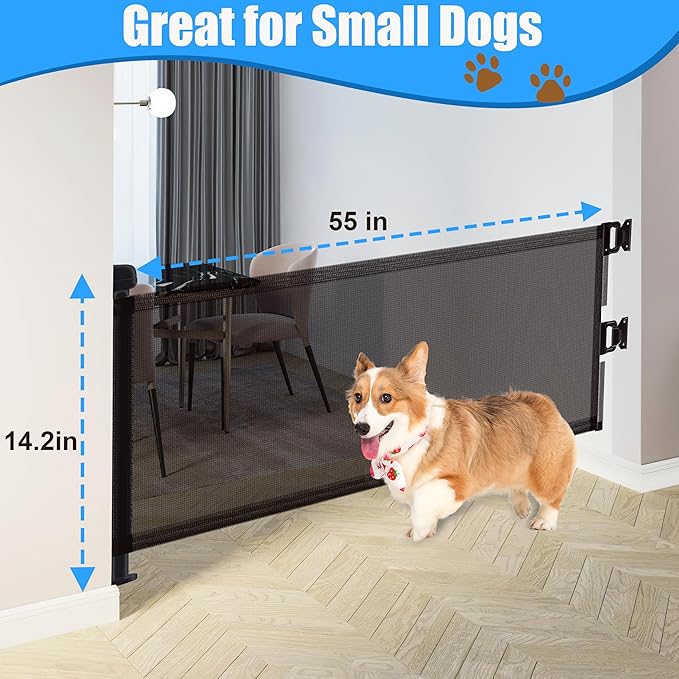 14" H Short Dog Gate Pet Gates Puppy Gate 59" Wide Step Over Pet Fence, Mesh Retractable Indoor Outdoor Expands Up to 59 Inches Small Dog Gates for Doorways Stairs