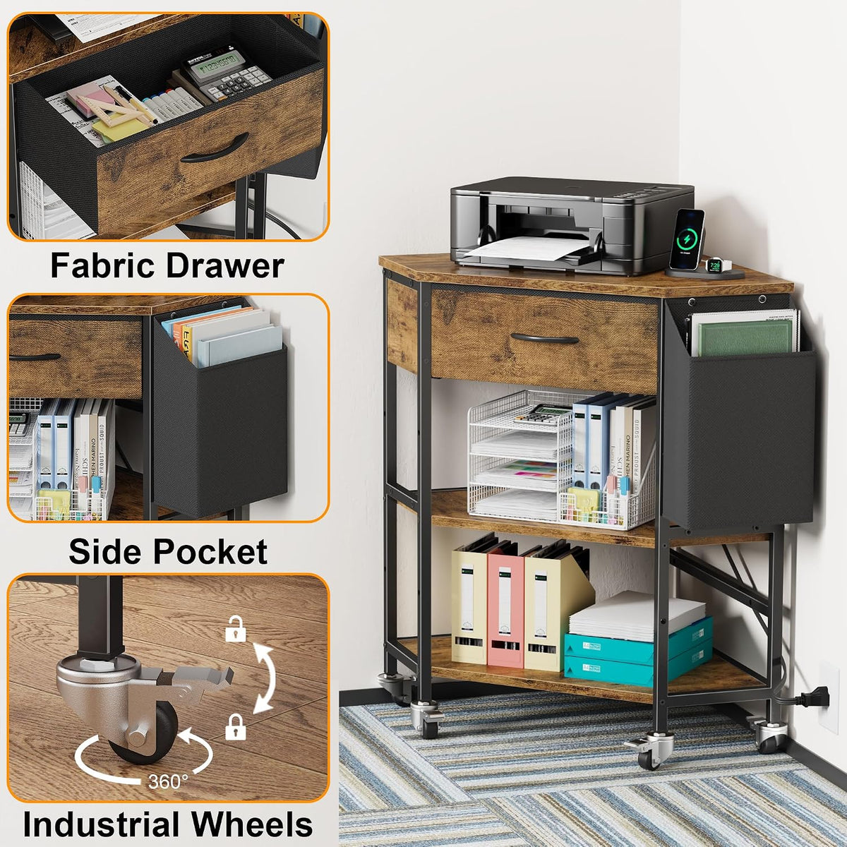 YAOHUOO Corner Printer Stand, Corner Table with Power Outlet/Fabric Drawer