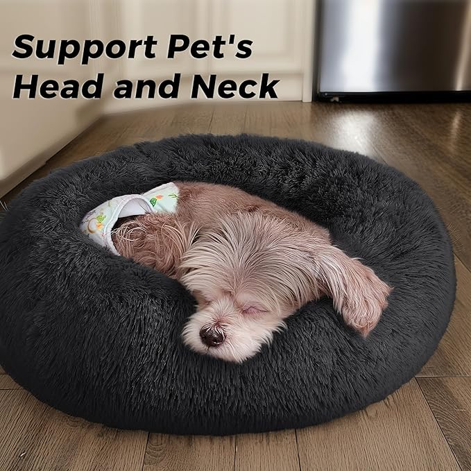 Calming Dog Bed & Cat Bed for Indoor Cats, Medium Size Washable Anti-Slip Anti-Anxiety Donut Dog Beds for Small Dogs & Cats, Fluffy Plush Cozy Round Dogs Beds(20 Inch, Black)