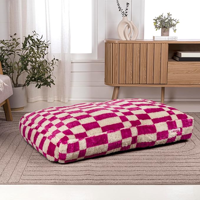 DBD3001H-XL Mabel 49.5" x 31.5" Designer Modern Ultra Soft Reversible Plush Rectangular Pet Bed with Washable Cover, Raspberry Check