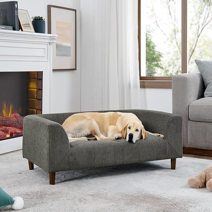 Modern Rectangular Pet Sofa with Backrest and Armrests - Comfortable Dog Couch for Medium and Large Dogs - Stylish and Functional Pet Furniture with Soft Cushion (Dark Grey)
