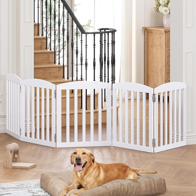 SPIRICH 120" Extra Wide 28" Tall Dog Gate Indoor, Dog Gates for Doorways, Stairs, The House, Wooden Freestanding Foldable Pet Gate, Step Over Puppy Gate, 5 Panels, White