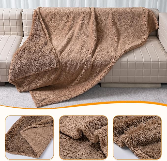 Waterproof Dog Calming Blanket Brown Long Faux Fur Pet Throw Blankets for Couch Sofa Bed Cover Washable(Brown,L-65x57in)