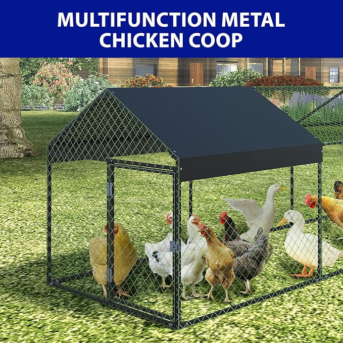 Metal Chicken Coop Run,Outdoor Walk-in Cage Peak Hen House with Waterproof and Anti-Uv Cover,Spire Roof Hen House with Security Lock for Outdoor,Backyard and Farm, 9.8 x 3.3 x 3.3 ft