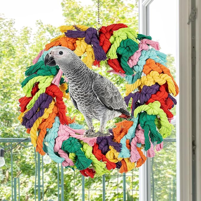 Parrot Swing for Large Birds - Colorful Cotton Rope Hanging Ring Toy for African Grey, Cockatoo, Conure, and Parakeet | Chewing, Exercise, Climbing, and Snuggling (Parrot Swing)