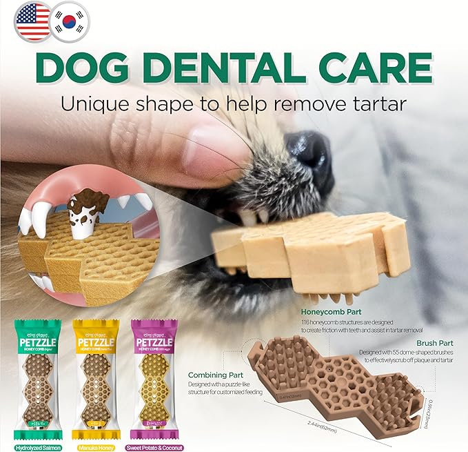 PETZZLE Honeycomb Original Dog Dental Chews, Treats, Dog Teeth Cleaning, Dental Care Snacks - Total Health & Dental Care (Hydrolyzed Salmon Flavor), 14 Treats (4.45 oz.)