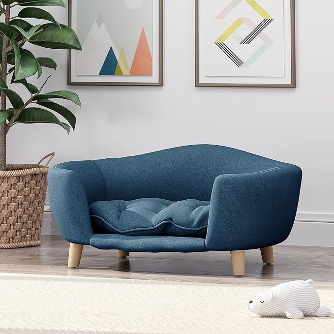 Dog Sofa Couch Bed for Small Dogs, Durable Fabric Rectangle Pet Sofa with Soft Cushion, Modern Elegant Elevated Mini Dog Couch Bed with Backrest and Armrests, Navy Blue