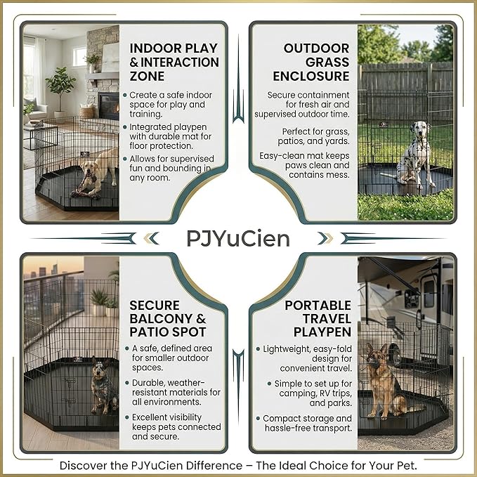 PJYuCien Dog Playpen with Bottom Pad - Metal Foldable Exercise Pen, 8 Panels 42" H x 24" W Indoor Outdoor Pet Fence Puppy Crate Kennel, Black