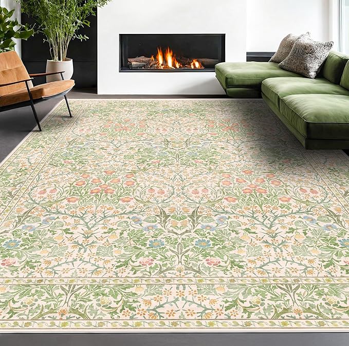 Vintage Washable Beige Green 10x12 Rug