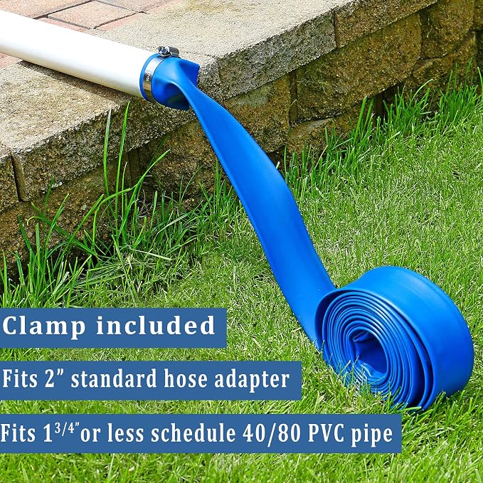 Pool Backwash Hose 2 inch × 25 ft Thicken Blue Water Discharge Pipe Lay Flat