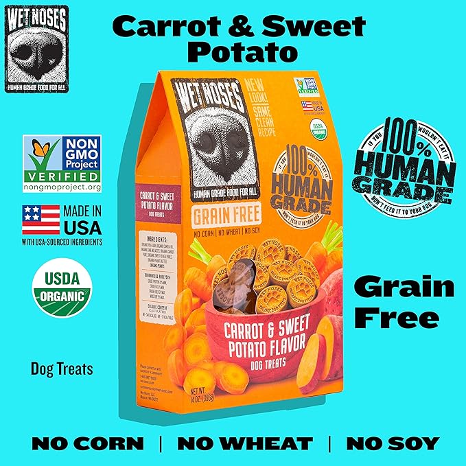 Wet Noses Organic Crunchy Dog Treats Grain Free – All-Natural, Human-Grade, Non-GMO, Healthy Training & Delicious Snacks for Dogs, All Dog Sizes & Breeds – Carrot & Sweet Potato, 14oz (Single Pack)