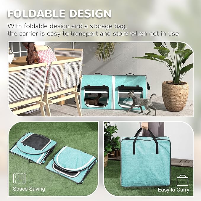 PawHut 39" Portable Soft-Sided Cat Carrier, Cat Kennel, Travel Dog Crate with Divider, Two Compartments, Soft Cushions & Storage Bag, Easy to Fold, Green