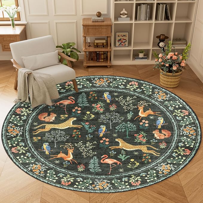 DUKINO 6ft Round Rug for Bedroom, Animal Print Washable Circle Rug