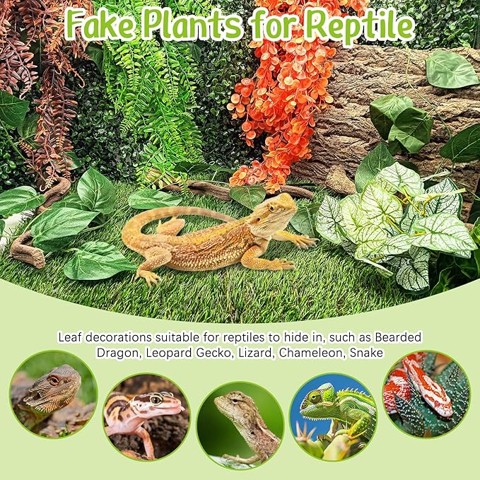 Hamiledyi Tank Habitat Decorations 2 PCS Terrarium Hanging Plants with Suction Cups Reptile Plants Artificial Leaves Reptile Hide for Lizard, Snake, Bearded Dragon, Leopard Gecko, Chameleon