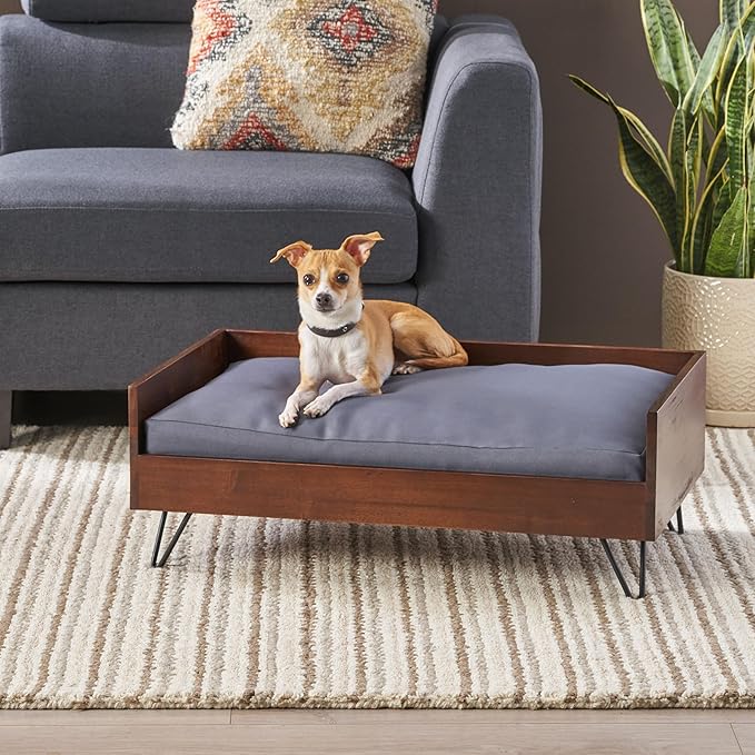 Christopher Knight Home Mid-Century Modern Pet Bed, Brown Acacia Wood Frame with Gray Cushion, Hairpin Legs, 29.5x17.75x11 Inches