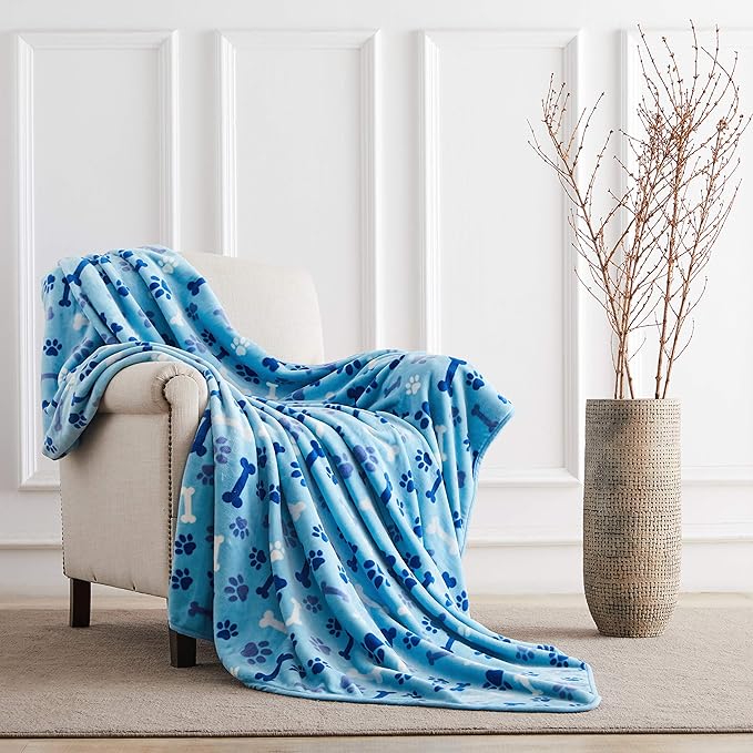 Allisandro Luxurious Dog Blanket, 350 GSM Super Fuzzy Microplush Fleece Pet Blankets for Small Medium Large Dogs and Cats, Blue Paw and Bone, 80" x 64"