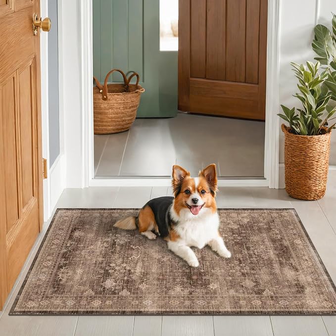Brown Boho Washable Entry Rug, 3x4 Rugs