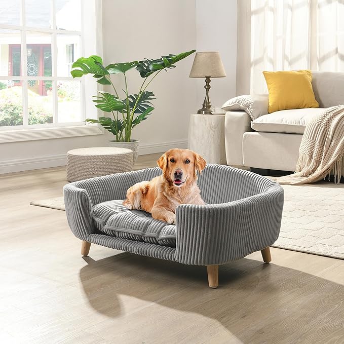 Vinsetto Elevated Dog Bed Frame for Small Dogs, Corduroy Pet Couch with Rubber Wood Legs and Supportive Foam, Easy Assembly, 30.25" L x 21.75" W x 14" H, Gray