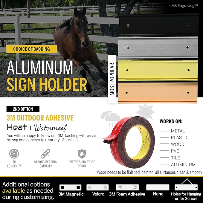 Personalized Horse Stall Name Plates, 2x6 Horse Stall Signs with Adhesive, All Weather UV Protected, Black Plastic White Letters - Made in USA - B2