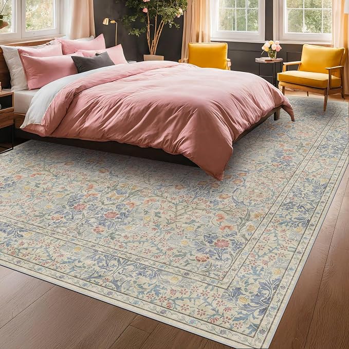 Vintage Washable Beige Blue 10x14 Rug