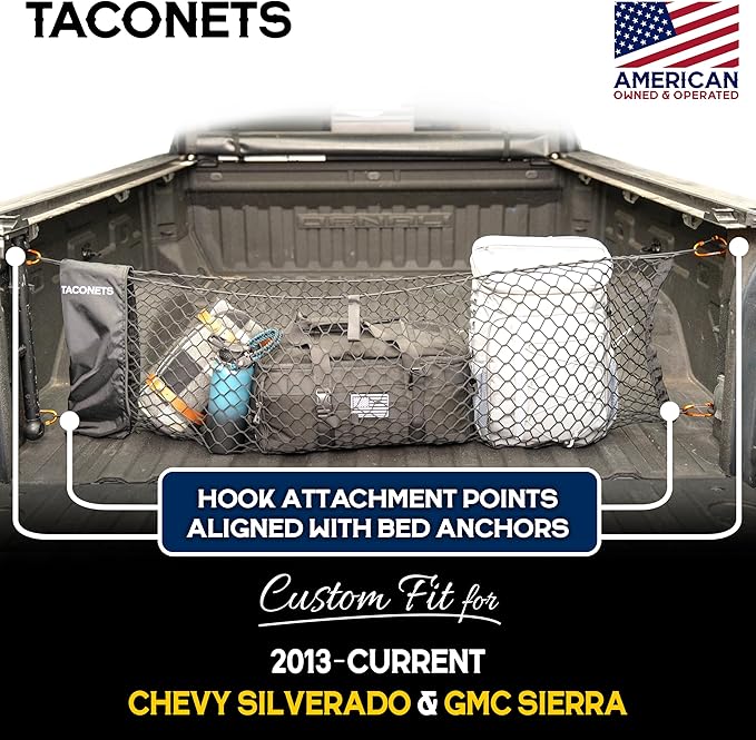 Envelope Cargo Net for GMC Sierra & Chevy Silverado - Fits 2013-2025 - Upgraded 5mm Bungee - Integrated Storage Bag - Heavy Duty Carabiners - Designed in USA - 18" x 50"