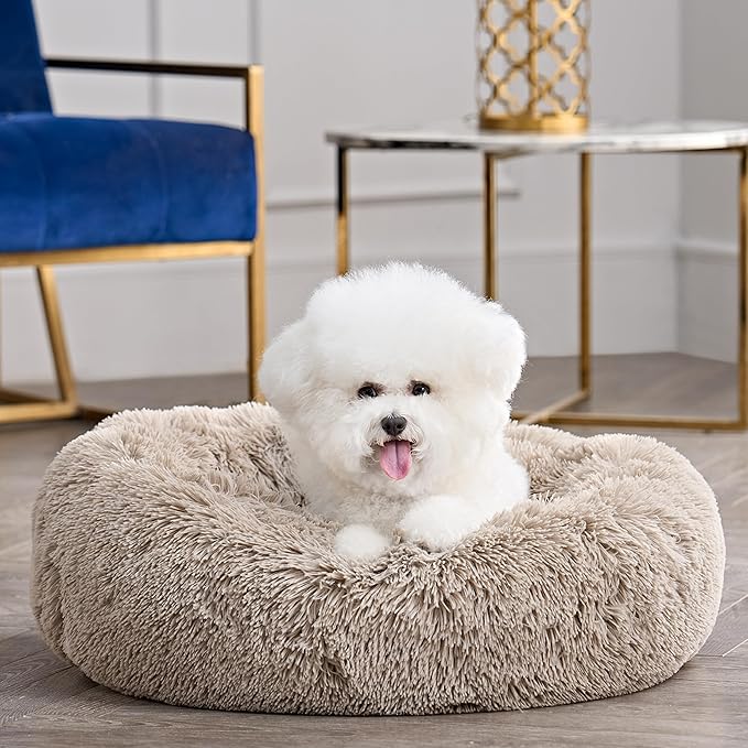 Juicy Couture Devon Faux Fur Large Taupe Round Pet Bed for Dogs and Cats