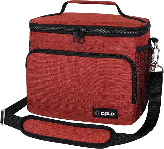 opux Insulated Lunch Bag for Men Women, Soft Lunch Box for Office Work School Picnic, Leakproof Lunch Cooler Bag with Shoulder Strap for Kid Adult Boy Girl, Medium Lunchbox Lunch Tote (Heather Red)