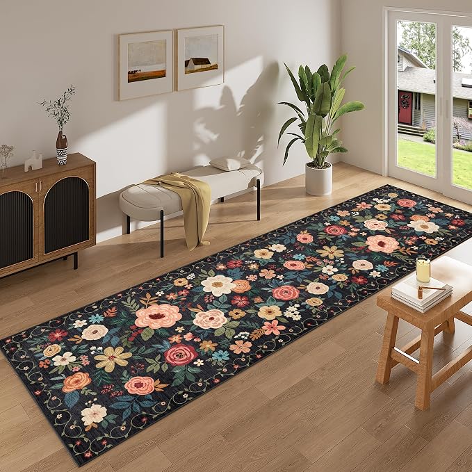 DUKINO 3x10 Runner Rug for Hallway, Washable Kitchen Floral Runner Rug