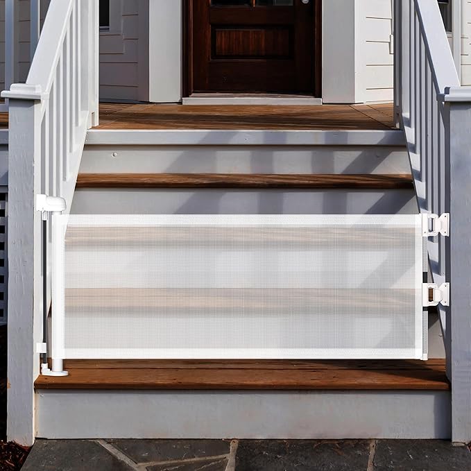 14" H Short Dog Gate - Pet Gates Puppy Gate, Mesh Retractable Step Over Pet Fence, Expands Up to 59" Indoor/Outdoor, Small Dog Gates for Doorways & Stairs