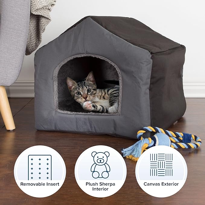 Dog House - Indoor Dog House with Removable Sherpa Cushioned Pad - Pet Bed for Small Dogs, Cats, or Kittens - Dog Houses by PETMAKER (Gray)