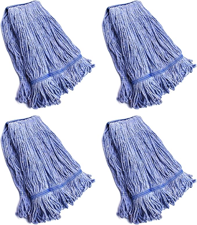 String Mop Heads Replacement Heavy Duty Commercial Grade Blue Cotton Looped End Wet Industrial Cleaning Mop Head Refills (4, Medium)