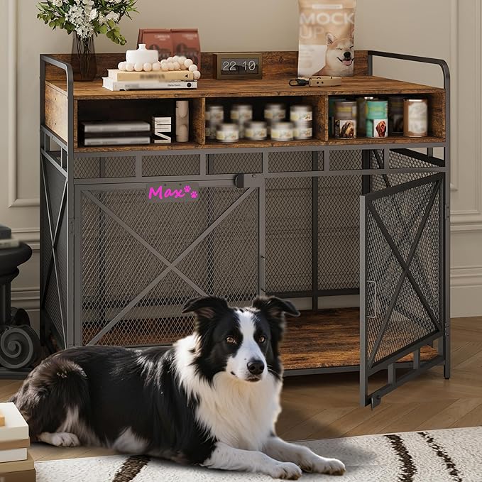 Dog Crate Furniture, 48" Heavy Duty Wooden Dog Crate End Table, XL Dog Kennel Furniture Large Breed, Decorative Dog Kennel Indoor with 3 Drawers & Steel Tubes 48" L x28 W x38 H (Rustic Brown)
