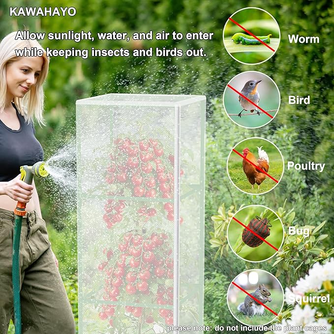 Garden Bird Netting Plant Cover for Square Tomato Cage, 59" x 17.7" Insect Barrier Tomato Cage Net with Zipper and Drawstring, Tomato Trellis Netting Protection Cover for Protecting Plant (6 Pack)