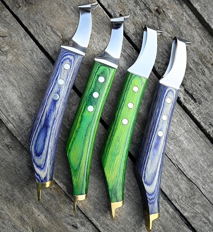 Premium Farrier Loop & Hoof Knife with Brass End – Professional Hoof Trimming Tool for Horses, Cows & Livestock, Stainless Steel Blade, Ergonomic Wood Handle (Blue)