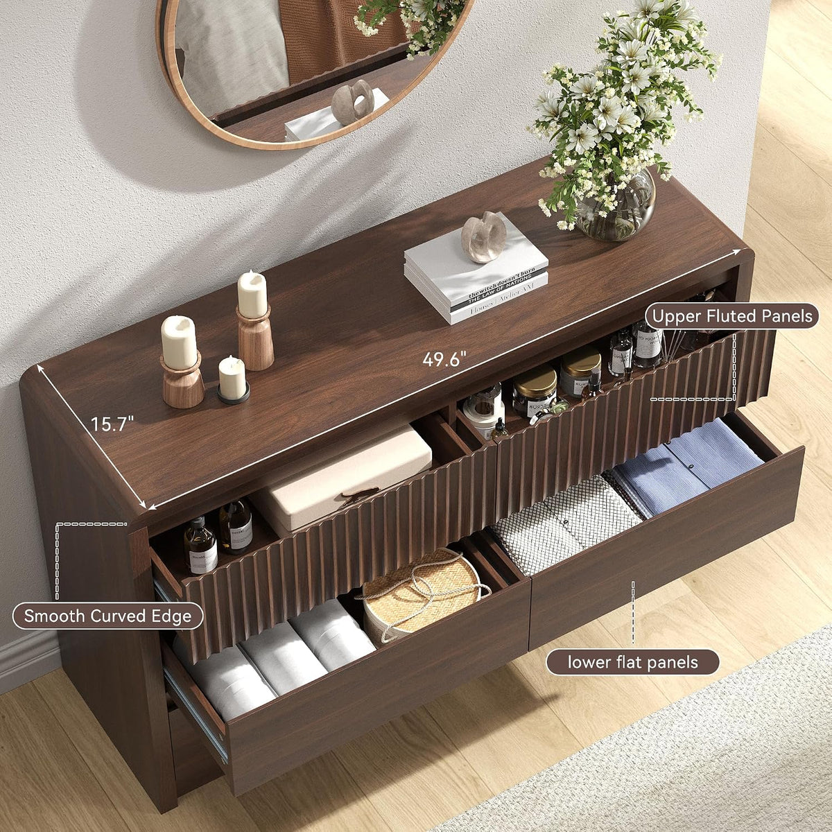 Fluted 6 Drawer Dresser for Bedroom, 50” Wide Dresser & Chest of Drawers with Curved Profile Design, Wood Mid Century Dressers for Bedroom, Living Room, Walnut