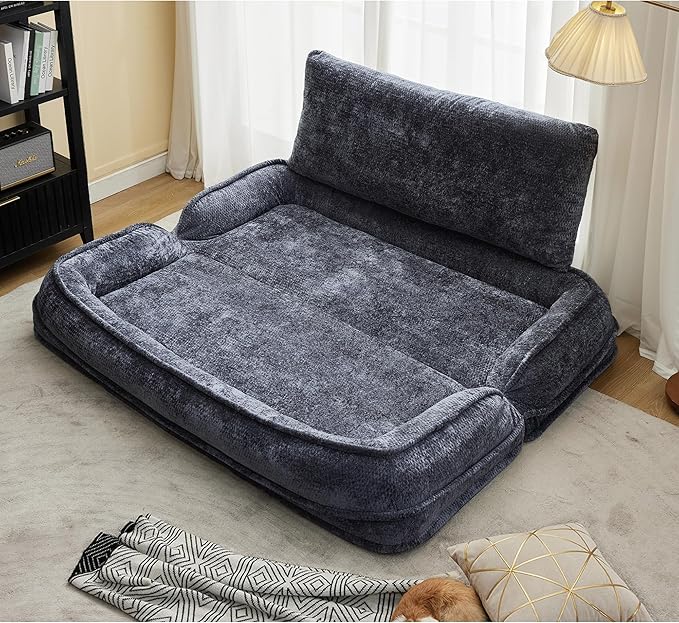Double Human Dog Bed for Adult and Kids, Comfy Foldable Lazy Floor Loveseat Sofa Bed with 5 Adjustable Position, Upholstered Floor Bean Bag Lounger Chair for Bedroom, Living Room,Office (Dark Gray.)